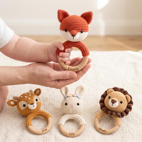 Personalized Baby Rattle with Name Crochet Animal Toy Wooden Ring Baby Birthday Gift