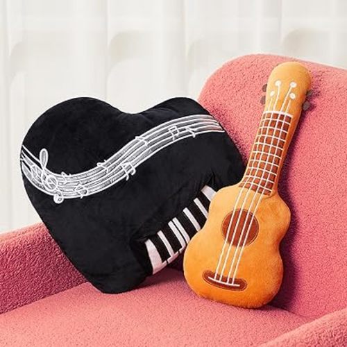 2 Pcs Rock Star Plush Pillow Set 18.5" Guitar Stuffed Plush 17.7" Piano Pillow Instrument Stuffed for Rock and Roll Music Party Favors 80s 90s Party Decoration Valentine's Day Birthday Gift