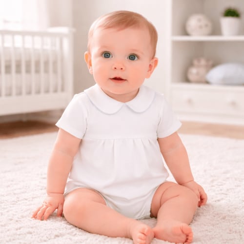 Baby Boy White Pima Cotton Bubble with Blue Trim - Magnolia Baby