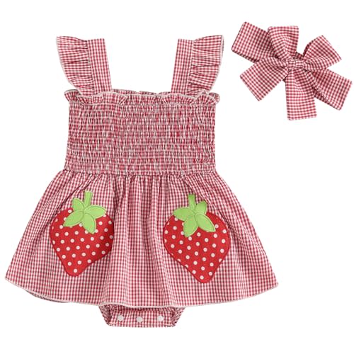 Mubineo Baby Girl Summer Dress Ruffle Fruit Clothes Flutter Sleeveless Smocked Infant Rompers Plaid Boho Dress Outfits