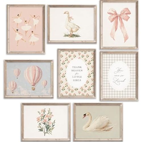 Vintage Girl Nursery Wall Art Pink Baby Girls Room Canvas Wall Decor Floral Swan Goose Poster Bow Ballet Prints Hot Air Painting Cottagecore Artwork for Toddler Girls Bedroom 8x10 In Unframed 8Pcs