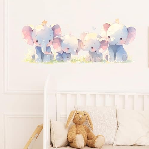 Four Baby Elephants Wall Decals Removable Cartoon Animal Vinyl Stickers for Nursery Kids Bedroom and Playroom Decor Peel and Stick Wall Art