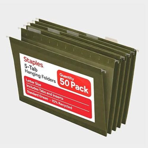 Staples Hanging File Folders, Letter Size, 1/5-Cut Tabs, Green, 50/Pk