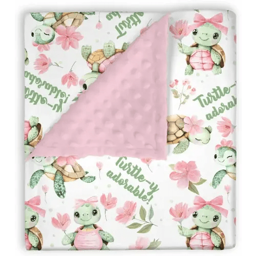 Mink Baby Girl Blanket Sea Turtle Pink Green Floral, Turtley Adorable Flower Soft Double Layer Dotted Backing Receiving Swaddle, Newborn Infant Toddler Nursery Crib Bedding Shower Gift 30 x 40