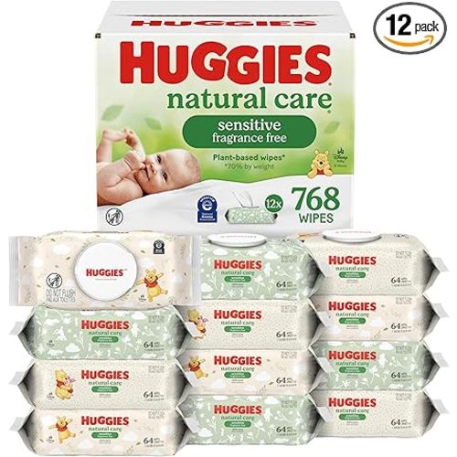 Huggies Natural Care Sensitive Baby Wipes, Unscented, Hypoallergenic, 99% Purified Water, 12 Flip-Top Packs (768 Wipes Total), Packaging May Vary