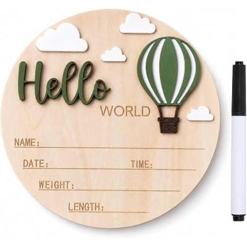Baby Announcement Sign with Pen, Hello World Hot Air Balloon Newborn Sign