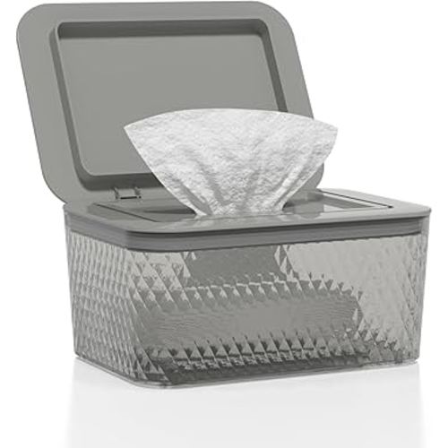 Wipes Dispenser, One-Handed Operation Wipe Holder for Baby & Adult, Seal-Designed Wipes Container for Bathroom Keep Diaper Wipes Fresh (Grey)