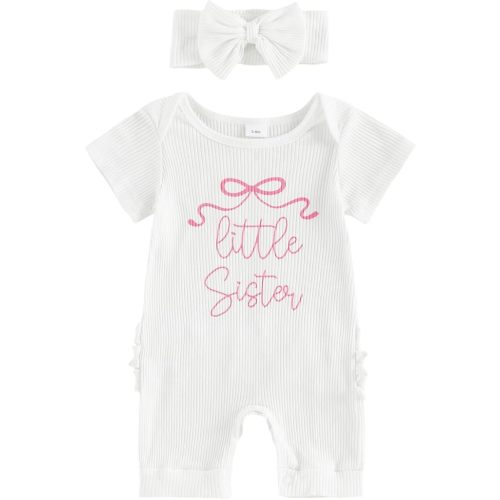 FYBITBO Little Sister Newborn Outfit Baby Girl Bow Short Sleeve Romper Coming Home Onesie Jumpsuit Infant Summer Clothes