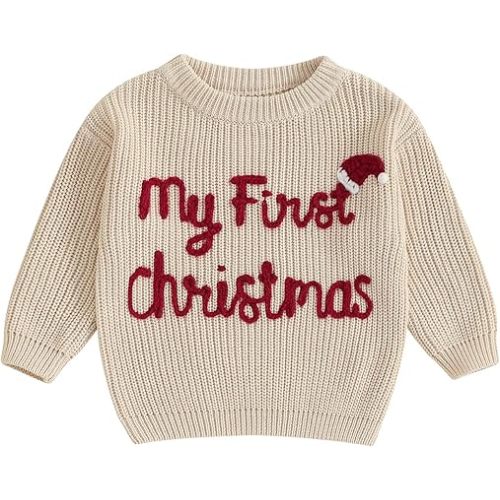 MoZiKQin Baby Christmas Outfit Boy Girl First Christmas Sweater Infant Toddler Knit Ugly Sweaters Fall Winter Clothes
