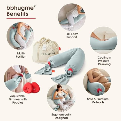 bbhugme Adjustable Pregnancy Pillow – Full Body Support for Side Sleeping - Adjustable Firmness and Shape - Supports Back, Legs, Belly, HIPS for Pregnant Women - Removable Cover - Eucalyptus