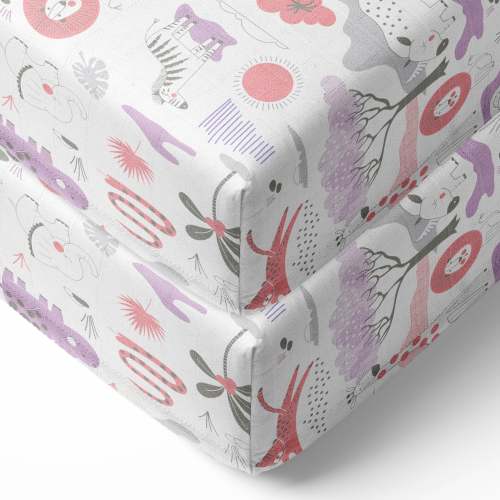 Bacati - Girls Jungle Safari Serengeti Lilac Coral Gray Muslin Crib or Toddler Bed Fitted Sheet