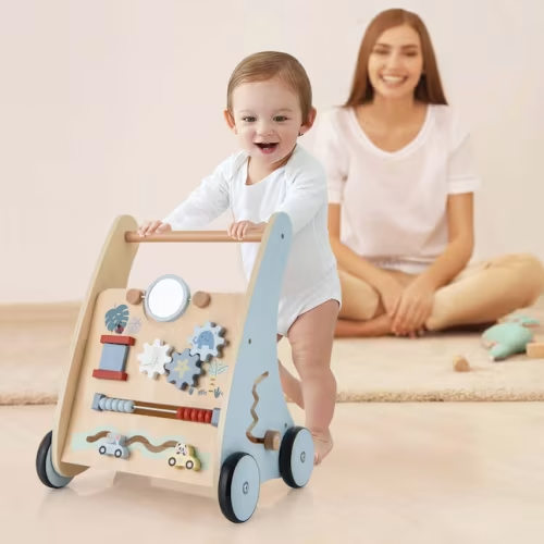 Costway Wooden Baby Walker Push and Pull Walker with Multi-Activity Learning Center