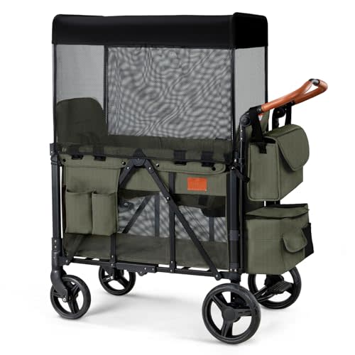 ZTDM Wagon Stroller for 2 Kids, High Seat & 5 Point Harness, Foldable All-Terrain Wagon for Toddler with Canopy, Parent Organizer, Shoulder Bag, Adjustable Handlebar, Ultimate Double (Green)