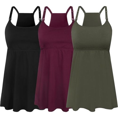 SUIEK 3-Pack Cotton Maternity Nursing Tank Tops Breastfeeding Cami Shirts | Cami with Light Shelf Bra Support, Pregnancy to Postpartum, No Separate Bra Needed