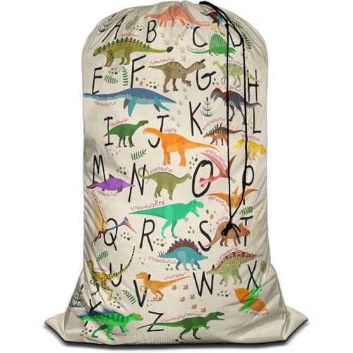 Swono Alphabets XL Laundry Bags, Drawstring Closure Dirty Clothes Bag Organizer, Heavy Duty Large Laundry Bag, Cartoon Dinosaurs Footprint Green Leave Rip-Stop Bags for Camp Travel, 28" x 40"