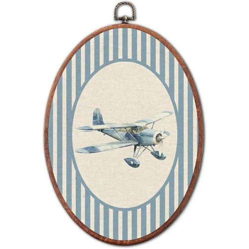 Vintage Biplane Nursery Oval Wall Art Framed, Blue Striped Framed Canvas Prints, Unique Retro Boy or Girl Gift Hanging Wall Decor for Kids Toddler Room Bedroom Playroom, 8.6x11.4 Inch