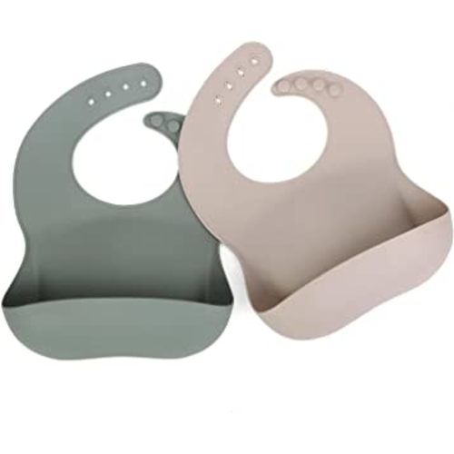 Ginbear Silicone Bibs for Babies, Waterproof Adjustable Silicon Rubber Baby Feeding Bibs with Food Catcher Pocket for Toddlers 6 Months+ (Dark Sage/Almond)