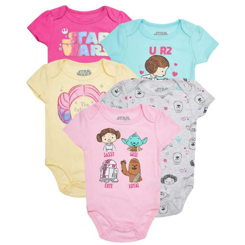 STAR WARS Baby Girls Bodysuits 5-Pack - Baby Girls' Bodysuits with Princess Leia, R2-D2, Yoda, Chewbacca (3-6M)