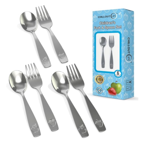 CHILLOUT LIFE Stainless Steel Kids Silverware Set 6 Pieces - Child and Toddler Safe Flatware - Kids Utensil Set - Metal Kids Cutlery Set (Includes 3 Small Kids Spoons & Kids 3 Forks)