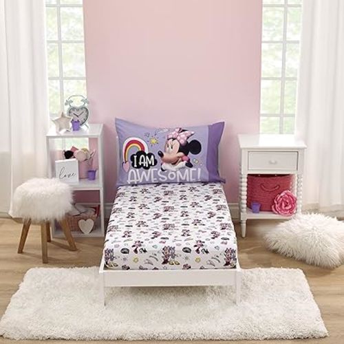Disney Minnie Mouse I am Awesome Lavender, Pink, and White with BFF Daisy Duck, Rainbow Hearts and Stars 2 Piece Toddler Sheet Set - Fitted Bottom Sheet and Reversible Pillowcase