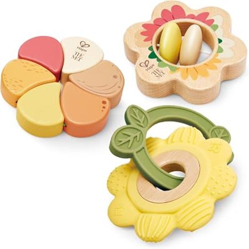 Hape x The Met Artful Flowers Rattle Trio Set – 3-Piece Baby Sensory Toy Set with Teether, Wood & Elastic Flower Rattles, Ages 6–18M