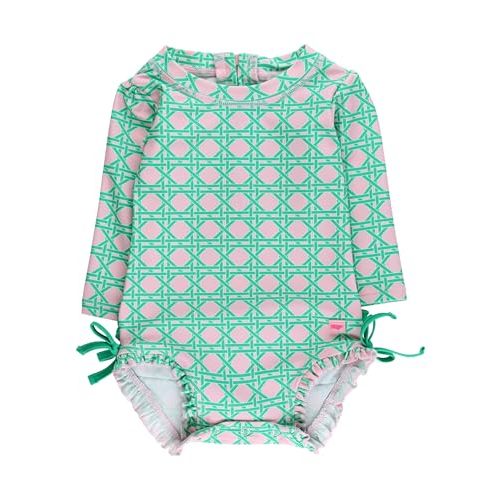 RuffleButts Baby Girls UPF 50+ Sun Protection Floral Printed Long Sleeve One Piece Rash Guard Swimsuit with Zipper