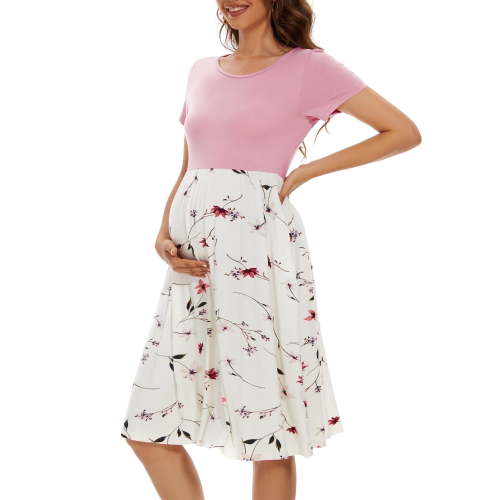 Women's Short Sleeve Maternity Dress Patchwork Pregnancy Clothes with Pockets
