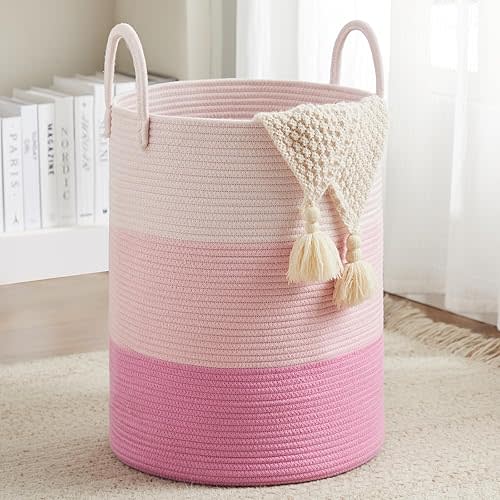 Fiona's magic Cotton Rope Laundry Hamper, Tall Woven Laundry Basket Storage, Baby Nursery Hamper for Blankets, Toys and Clothes Hamper for Bedroom and Living Room Organizing, 72L, Pink