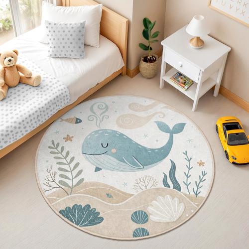 Underwater Whale Round Kids Rug - Ocean Themed Nursery Carpet for Playroom or Toddler Room - Sea Life Non-Slip Washable Mat Blue Beige