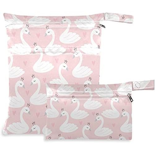 visesunny Cute Swan Heart 2Pcs Wet Bag with Zippered Pockets Washable Reusable Roomy Diaper Bag for Travel,Beach,Pool,Daycare,Stroller,Diapers,Dirty Gym Clothes, Wet Swimsuits, Toiletries