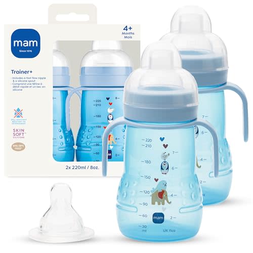 MAM 8 oz Trainer + Sippy Cup 2-Pack, 4+ Months 2-in-1 Baby Training Cup with Nipple & Silicone Spout, Spill Proof, BPA Free, Dishwasher Safe, Made In Europe