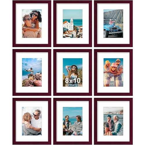 Vittanly 8x10 Picture Frames Set of 9, Shatter Resistant Plexiglass, cherry red
