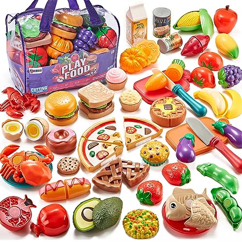 LAUGIGLE Pretend Play Food for Kids Kitchen, 78Pc Cutting Toy Food with Storage Bag