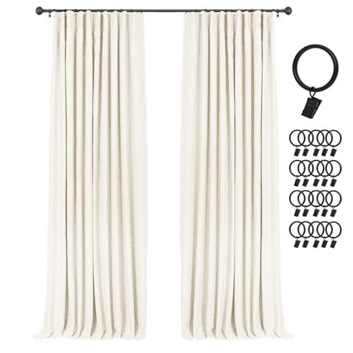 INOVADAY 100% Blackout Curtains for Bedroom, Black Out Curtains 84 Inch Long, Clip Rings Linen Blackout Drapes, Thermal Insulated Room Darkening for Living Room, 2 Panels - Lightcream,W50xL84
