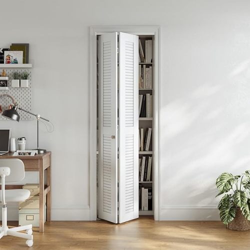 SMARTSTANDARD 24x80 Inch Louvered Bifold Closet Door, Pre-Assembled Folding Doors with Complete Hardware Kit, Easy Installation for Bedroom & Pantry, White MDF PVC Surface
