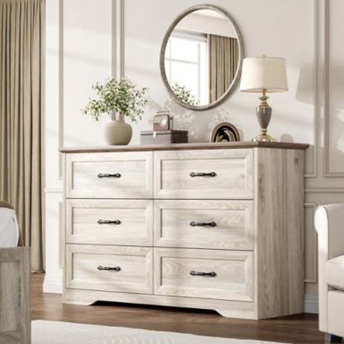 Farmhouse Modern 6-Drawer Dresser for Bedroom, Wooden Chest of Drawers with Wide Metal Handles, Natural Texture Organizer for Living Room & Kids