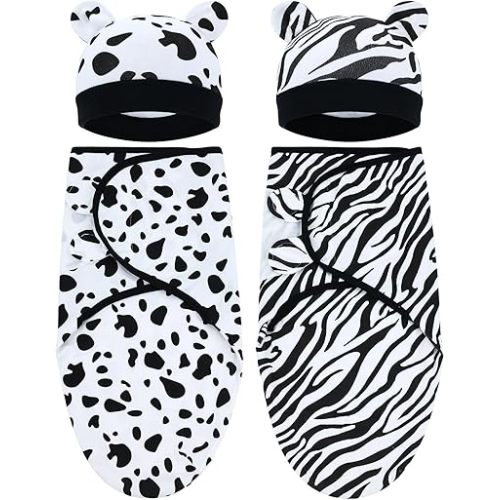Cinaci 2 Pieces Adjustable Soft Cotton Baby Swaddle Sleep Sacks Hats Newborn Nursery Caps Beanies Bonnets Swaddle Blanket Wraps for Baby Girls Boys Infants Newborns (2PCS S14)