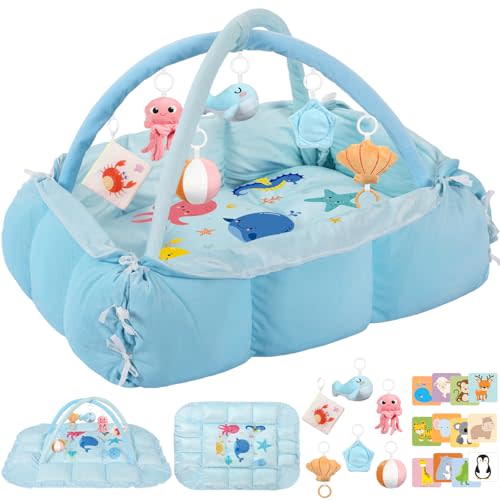5-in-1 Tummy Time Mat Baby Activity Gym with Cartoon Pattern, Extra Thick Plush Play Floor Mat, Featuring Hanging Toys, Ocean