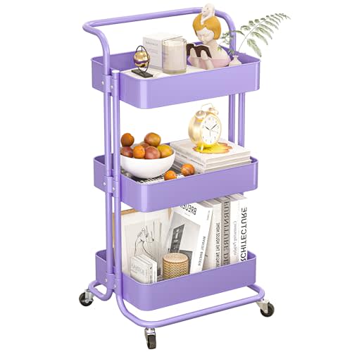Mzzelry Metal Rolling Storage Cart, 3-Tier Utility Cart with Wheels, Multifunctional Organizer Storage for Kitchen, Bedroom, Office, Laundry Room, Dorm Room Essentials (Purple)