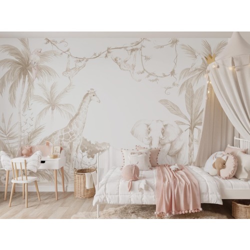 Neutral Safari Animal Jungle Wallpaper – Removable Peel and Stick Beige Giraffe Wall Mural – Nursery Tropical Self Adhesive Decal Kids Room
