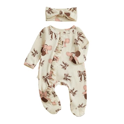 Ayalinggo Newborn Baby Romper Infant Girl One-piece Outfit Waffle Ruffle Zip Footie Spring Summer Clothes With Bow Headband