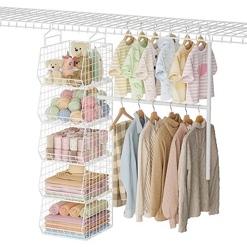 5 Tier Extended Depth Kids Hanging Closet Organizer with Adjustable Width and Height Hanging Rod, Storage Shelves for Sweaters Towels Handbags, Stackable Metal Bins for Closet, Laundry, Dorm, White