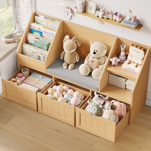 FOTOSOK 55.1’’ Kids Bookshelf with Reading Nook, Toy Storage Organizer with Seat Cushion and 3 Movable Drawers, Kids Reading Nook Toy Organizers and Storage with Bench for Playroom, Bedroom, Natural