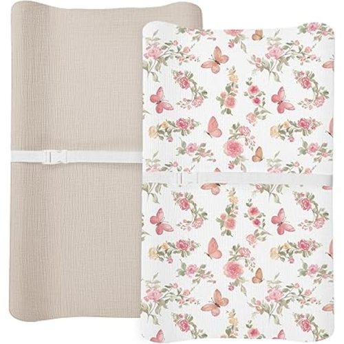 Changing Pad Cover for Baby Boy Girl 2 Pack, Muslin Changing Table Pad Covers with Boho Style, Neutral Nursery Bedding Essentials Soft and Breathable (Butterfly & Beige)