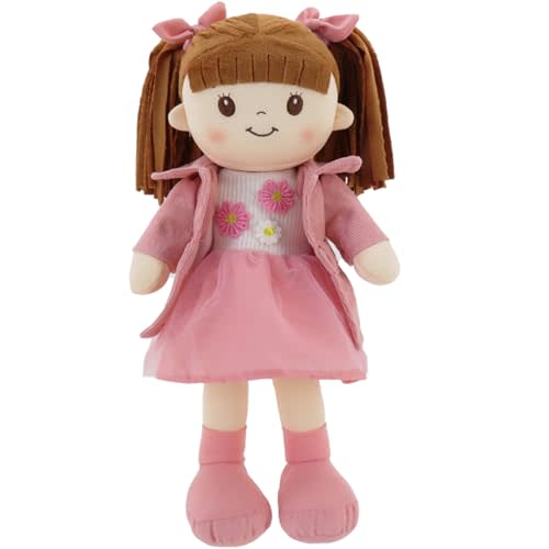 Linzy 15" Little Sweet Hearts Emily Doll - Adorable My First Plush Rag Doll for Girls - Soft Baby Doll with Braided Pigtails & Bows, Washable Sensory Cloth Baby Doll, Stuffed Doll for Toddlers