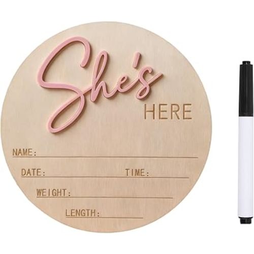 Baby Announcement Sign, ​5.9 Inch Wooden Hello World Newborn Signs, Birth Announcement Sign, Gender Reveal Signs, He's here Decoration, Welcome Newborn Arrival To World (She's,Pink-C)