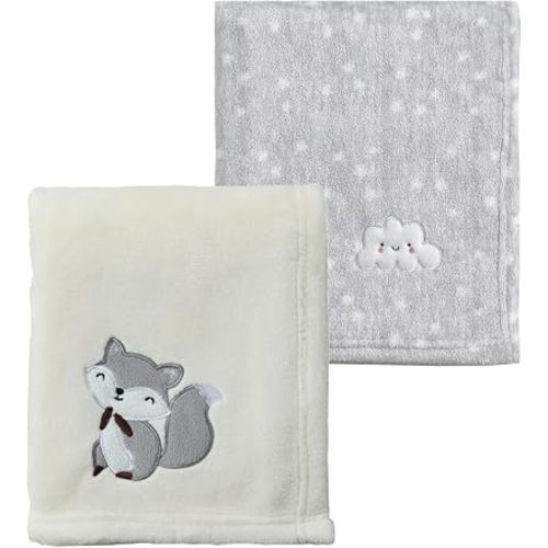 CREVENT 2Pcs 30''X40'' Cute Cozy Fluffy Warm Baby Blankets for Infants Toddlers' Bedding Crib Cot Stroller - Grey Cloud + Fox