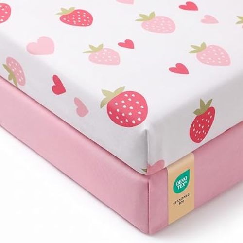 Baby Crib Sheets Girl, Toddler Bed Sheets Fitted for 52x28 Inch Standard Crib Mattress for Baby Girls, Set of 2 Super Soft Breathable Microfiber (Strawberry+Pink, 52x28 Inch (Pack of 2))