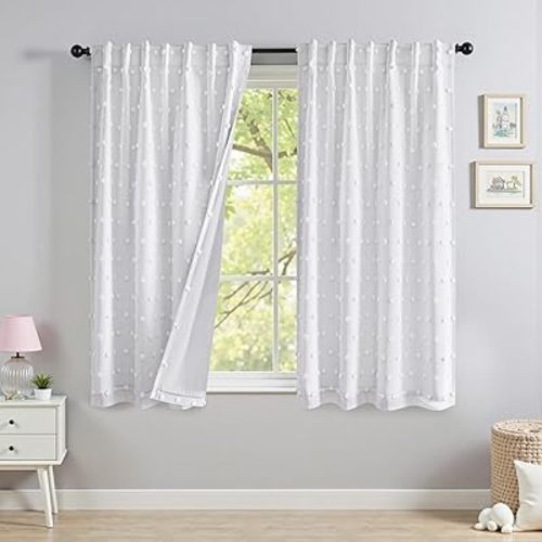 MYSKY HOME 100% Black Out Curtains for Bedroom White Blackout Curtain 63 Inches Long Thermal Insulated 2 Panels Short Kitchen Drapes with White Pom Pom Sheer Room Darkening Back Tab, 52 x 63 in