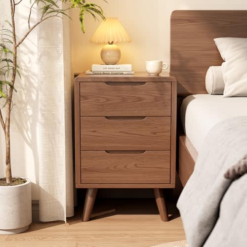 Tall Nightstand Walnut Night Stand with 3 Drawers Mid Century Modern Nightstand with Storage,Solid Wood Night Stand,Small Bedside Table for Bedroom,Living Room,Office,Walnut Bedside Table
